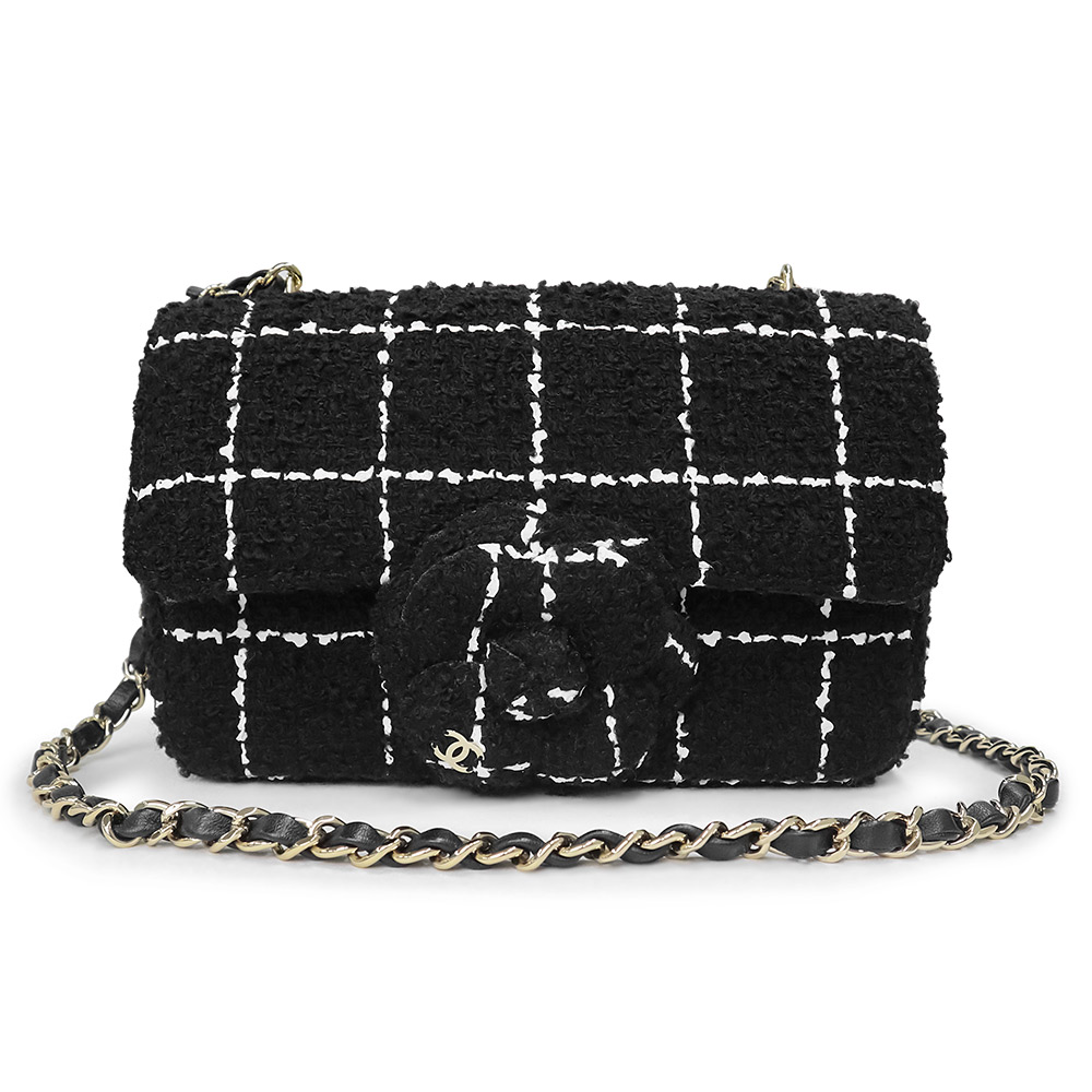 【新品・未使用品】シャネル CHANEL ココマーク チェック カメリア チェーン ショルダーバッグ 斜め掛け ツイード ブラック ホワイト 白 黒 シャンパンゴールド金具 AS4388 箱付｜ブランドシティ　BrandCity