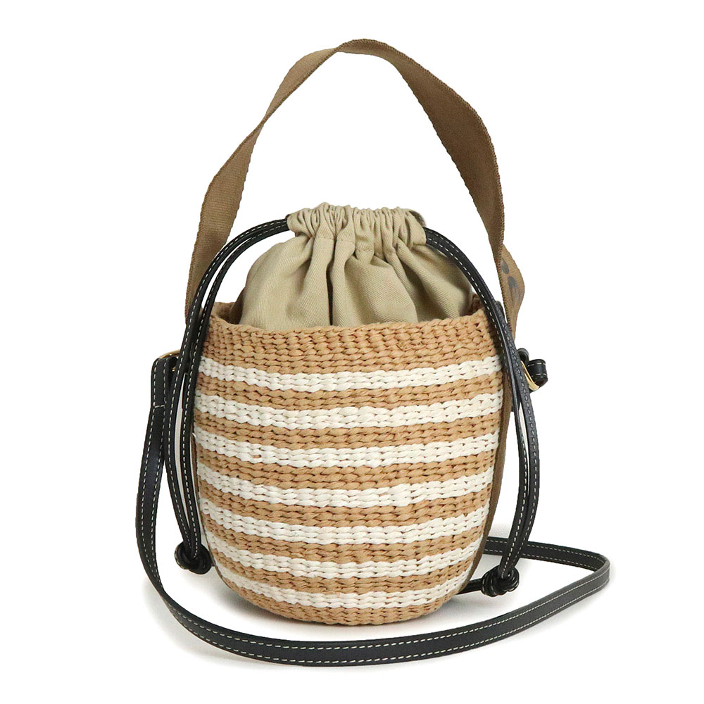 【美品】クロエ Chloe Woody ウッディ バスケット スモール ロゴ ボーダー かご Mifuko ミフコ コラボ 斜め掛け 2WAY ショルダー ハンドバッグ ペーパー カーフスキン レザー Grove brow グローブ ブロウ ブラウン ベージュ ホワイト ブラック 茶 白 黒 ゴールド金具|ブランドシティ BrandCity