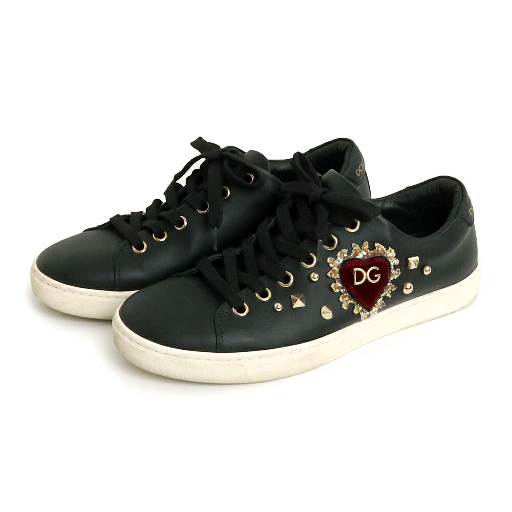 【中古】ドルチェアンドガッバーナ DOLCE\u0026GABBANA DGロゴタイプ ハート形紋章 スタッズ スピード競技引き上げる スニーカー シューズ 靴 #36 23糎 なめし革 黒いこと 赤いこと 白いこと 黒 赤 白 CK0167