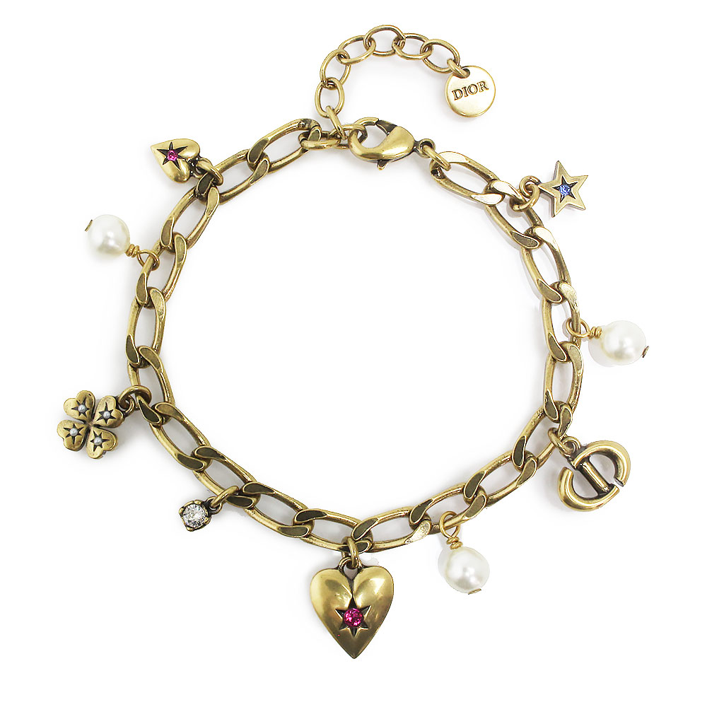 【新品・未使用品】クリスチャンディオール Christian Dior ラッキーチャーム Lucky Charms ハート クローバー スター 星 CDロゴ パール ラインストーン ブレスレット アンティークゴールド B2484WOMCY 47,520円