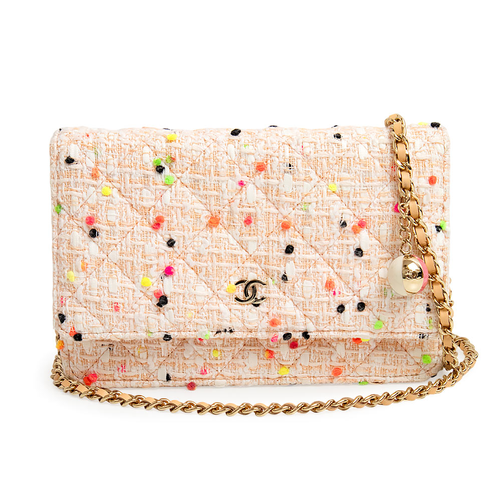 【未当て嵌める 見せびらかす品】シャネル CHANEL マトラッセ 古典派音楽 ココマーク 砂浜どんぶり鉢 チェーンウォレット 長札入れ ショルダーバッグ 曲がった掛け ツィード なめし革 コーラル サクラ色 白いこと ゴールド金具 A33814 バッグ・小物・ブランド雑貨-バッグ