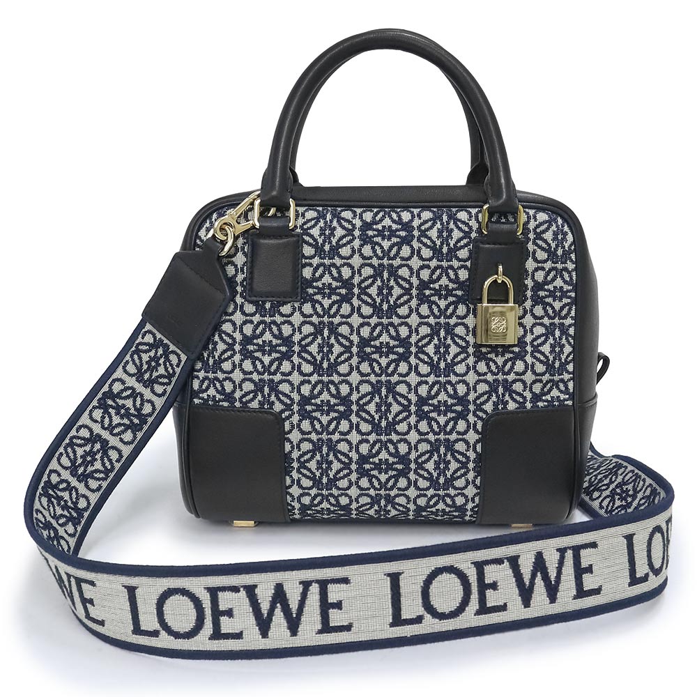 【未使用 展示品】ロエベ LOEWE アマソナ 19 アナグラム 2way ショルダー ハンドバッグ 斜め掛け ジャガード カーフスキン レザー ブラック ネイビー 黒 紺 ゴールド金具 A039N10X02