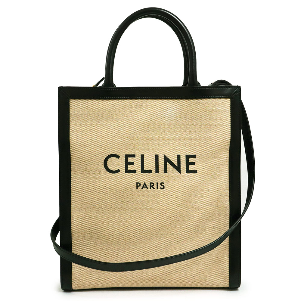 【未使用　展示品】セリーヌ CELINE バーティカル カバ スモール 2way ショルダー ハンドバッグ 斜め掛け コットンキャンバス カーフスキン レザー ナチュラル ブラック 黒 ゴールド金具 192082BNZ