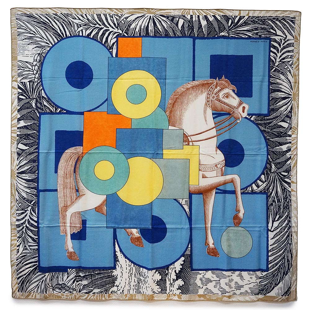 【美品】 エルメス　カレジェアン 140　カシシル　馬術と鎖　スカーフ　グリーン HERMES エルメス カレジェアン 140 ショール スカーフ 宮廷の