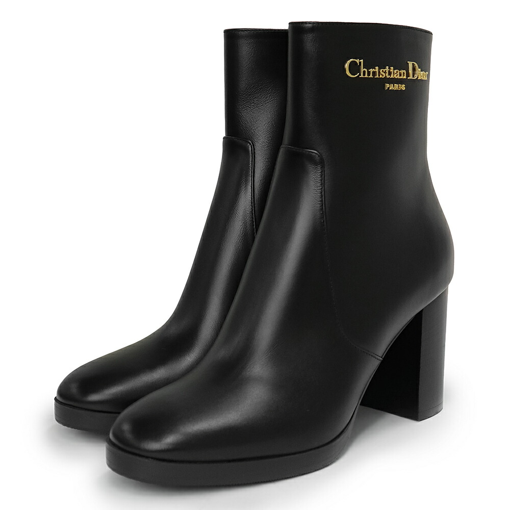 【未当て嵌める 見せびらかす品】ディオール Christian Dior D-Town 踵 遊撃手 ブーツ シューズ 靴 #37.5 24.5珊 カーフスキン なめし革 黒いこと 黒 ゴールド金具 KDT112SCF