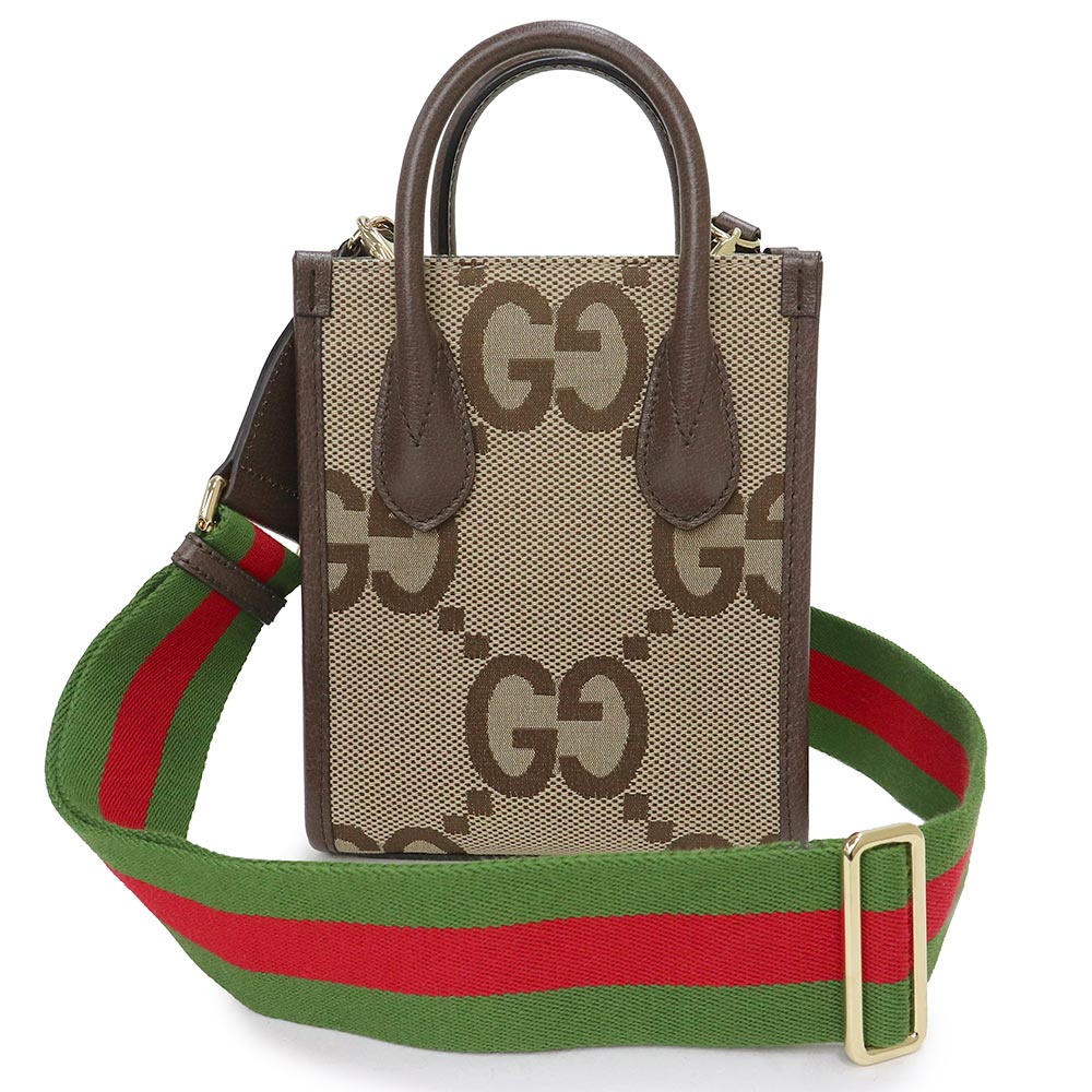 【未使用　展示品】グッチ GUCCI ミニ トート 2WAY ショルダー ハンドバッグ 斜め掛け ジャンボGGキャンバス レザー ブラウン ベージュ 茶 ゴールド金具 699406