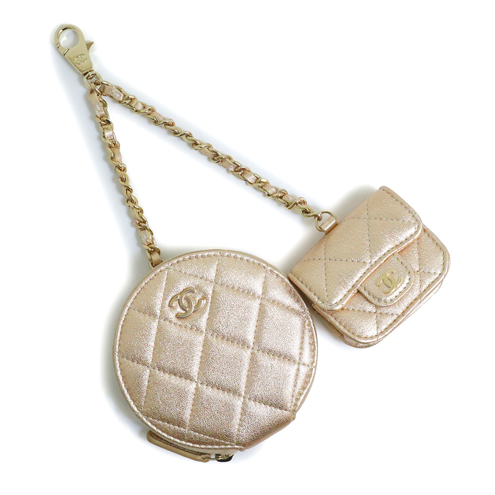 【未当てはめる 見せびらかす品】シャネル CHANEL マトラッセ チェーン店 エアポッズ AirPods 容れもの付き添い人 コインケース 御釣り入れ 銭入れ 子ヒツジ人はだ なめし革 三鞭酒ゴールド 箱付