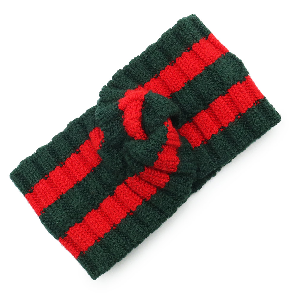 【新品・未使用品】グッチ GUCCI ウェブ シェリーライン ワイド クロスヘアバンド ターバン ヘアアクセサリー Mサイズ #57 ニット グリーン レッド 緑 赤 457838 箱付｜ブランドシティ　BrandCity