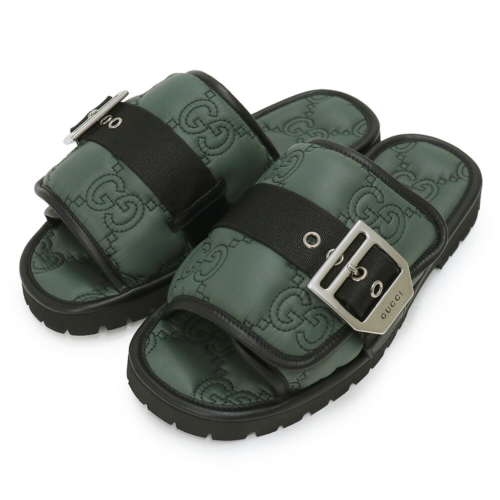 【新品・未当て嵌める品】グッチ GUCCI GG キルティング ナイロン バックル付き添い人 三尺帯 サンダル 靴 ＃6 25珊 家庭用スリッパ 緑であること 緑 しろがね色金具 776792 箱付