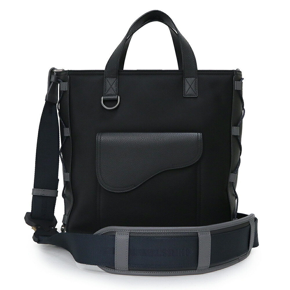 【未当て嵌める 見せびらかす品】クリスチャンディオール Dior サドル トートバッグ SACAI 共同研究 2WAY 肩先 ハンドバック 曲がった掛け ナイロン カーフスキン なめし革 黒いこと 黒 アンティークしろがね色金具 1ADSH198USH