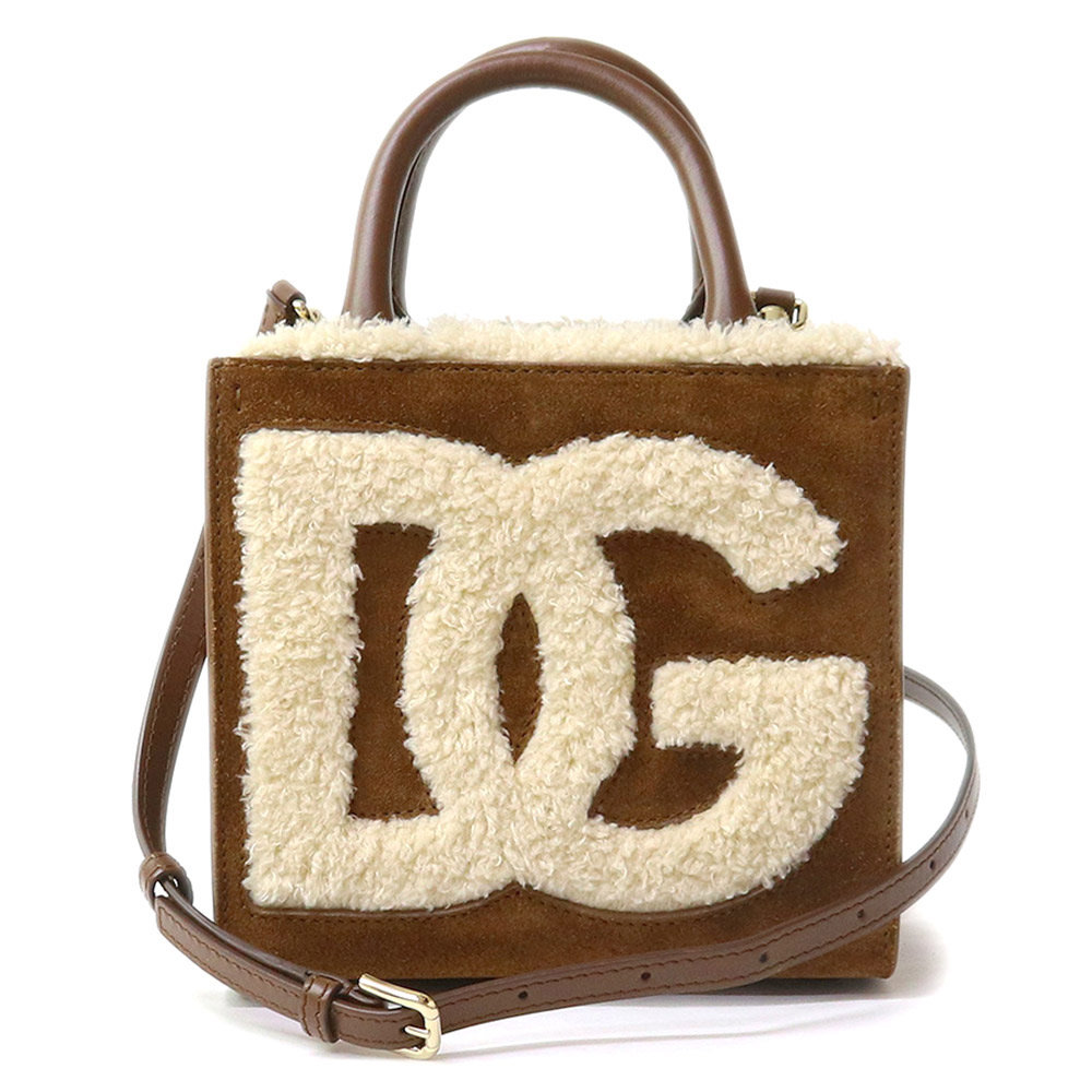 【未使用 展示品】ドルチェアンドガッバーナ DOLCE\u0026GABBANA DGデイリー ショッピングバッグ ショルダー ハンドバッグ 2WAY 斜め掛け カーフスキン レザー スエード ポリエステル ブラウン ベージュ 茶 ゴールド金具 BB7479
