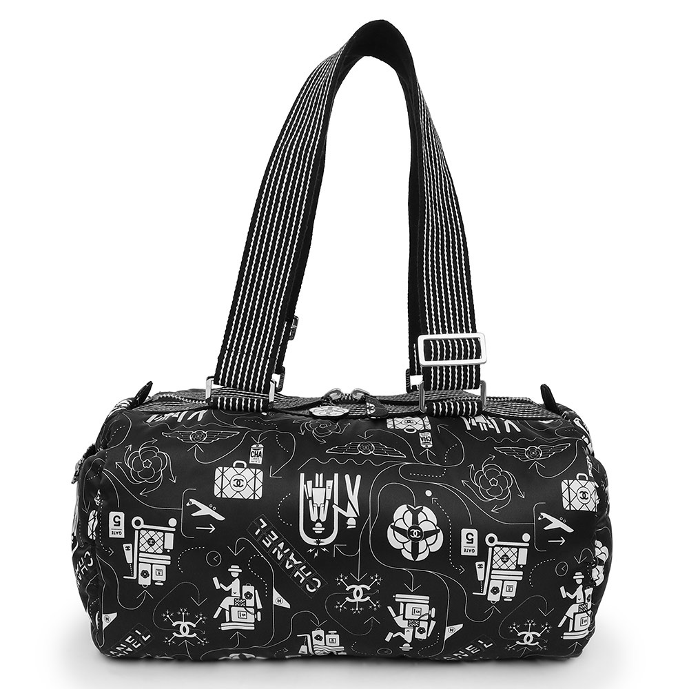 【未当て嵌める 見せびらかす品】シャネル CHANEL 航空会社 ココマーク カメリア 航空機 ミニ豆の町 ハンドバック ナイロン 黒いこと 白いこと 黒 白 しろがね色金具 A91166