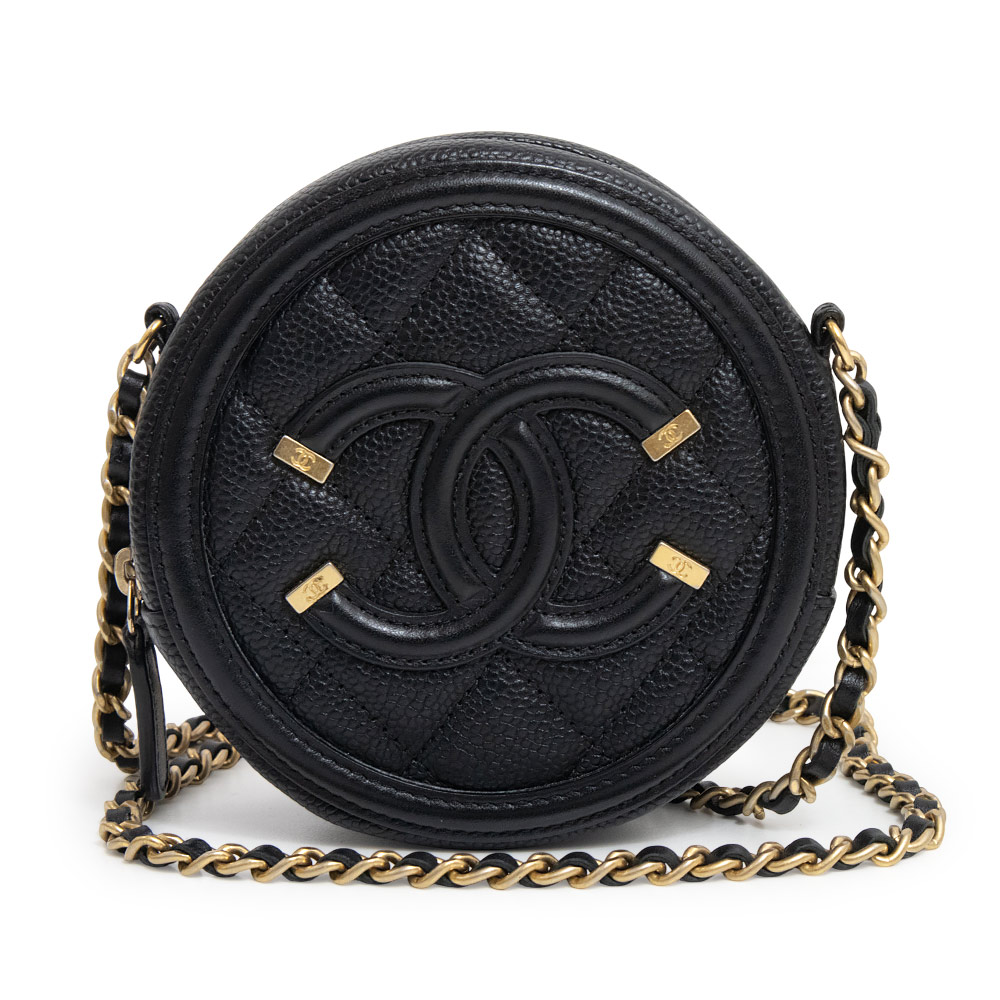 【未使用　展示品】シャネル CHANEL CCフィリグリー ラウンド ミニ チェーン ショルダーバッグ 斜め掛け キャビアスキン レザー ブラック 黒 アンティークゴールド金具 AP0365