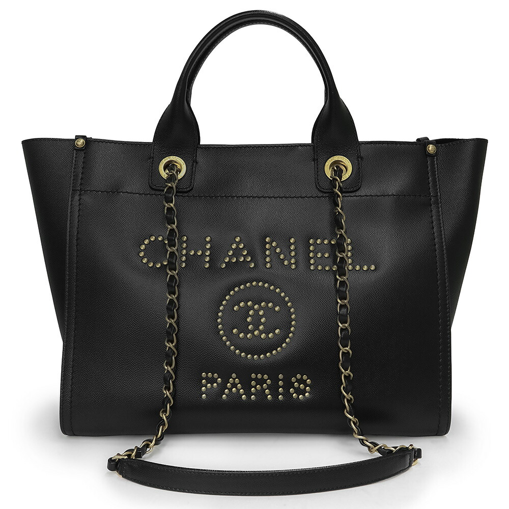 【美品】シャネル CHANEL ココマーク ドーヴィル トート ミディアム チェーン 2way ハンドバッグ キャビアスキン レザー ブラック 黒 マットゴールド金具 A66941