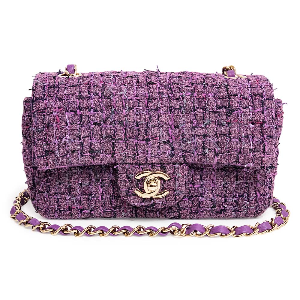 【未使用　展示品】シャネル CHANEL マトラッセ ココマーク ミニ クラシック チェーン ショルダーバッグ 斜め掛け ツイード レザー パープル 紫 ゴールド金具 A69900｜ブランドシティ　BrandCity