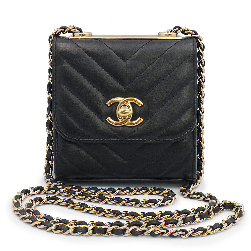 【未当て嵌める 見せびらかす品】シャネル CHANEL シェブロン V編み目 2way チェーン店 クラッチペダル ミニ ショルダーバッグ 曲がった掛け 子ヒツジ人はだ なめし革 黒いこと 黒 ゴールド金具 A81633