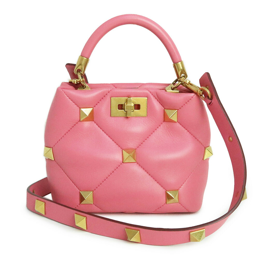 【未使用　展示品】ヴァレンティノ ガラヴァーニ Valentino Garavani ローマンスタッズ 2WAY ショルダー ハンドバッグ 斜め掛け ラムスキン レザー ピンク ゴールド金具 VW0B0I97BSF