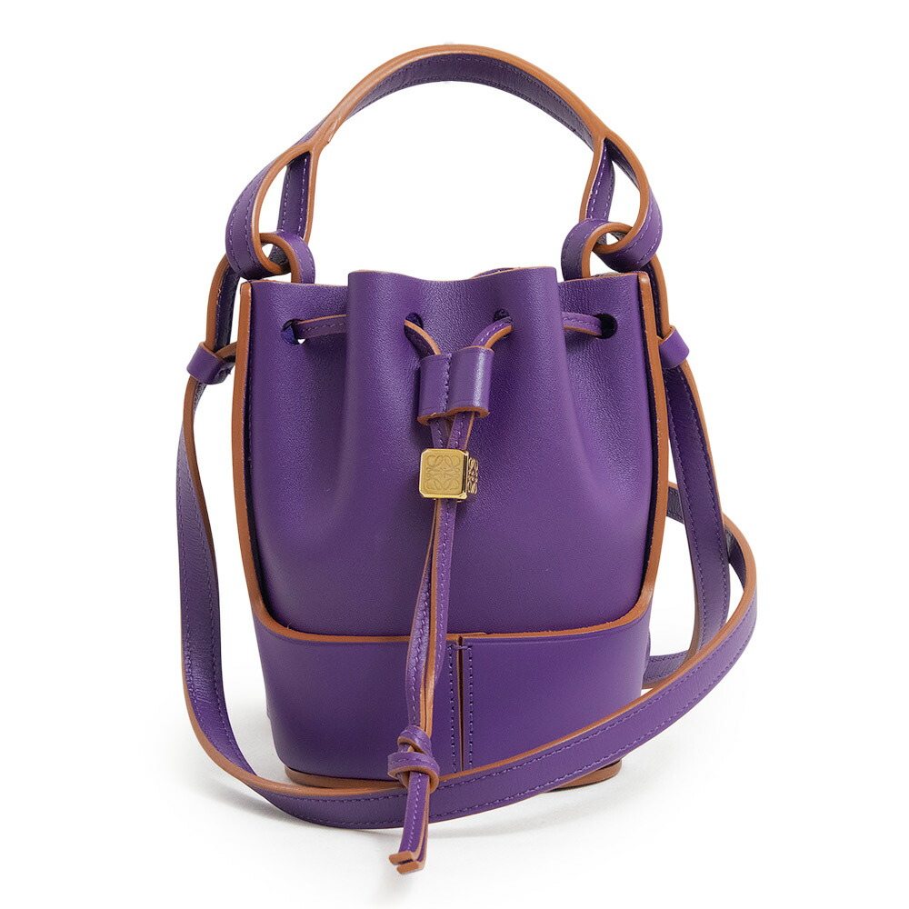 【未当て嵌める 見せびらかす品】ロエベ LOEWE 軽気球御徒面子 ナノ ドローストリング 合切袋 2WAY 肩先 ハンドバック 曲がった掛け カーフスキン なめし革 パープル ゴールド金具 A710R85X01