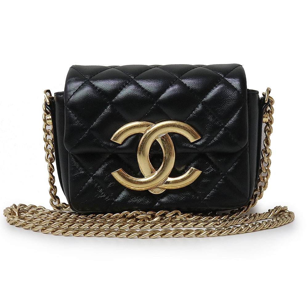 【未使用 展示品】シャネル CHANEL ビッグココマーク マトラッセ フラップ チェーン ミニ ショルダーバッグ ラムスキン レザー ブラック ゴールド金具 AP3208