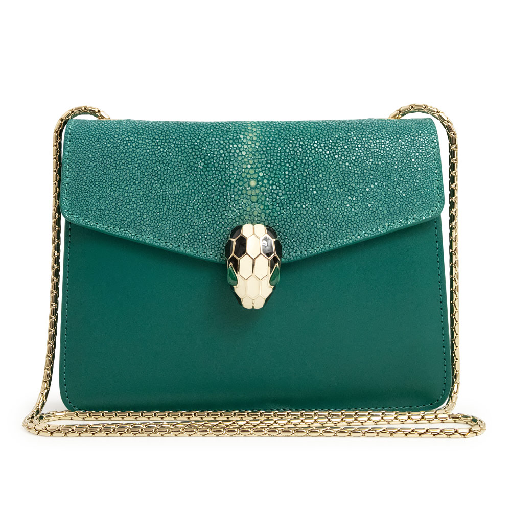 【未使用　展示品】ブルガリ BVLGARI セルペンティ フォーエバー チェーン ショルダーバッグ 斜め掛け ガルーシャ カーフスキン レザー グリーン ゴールド金具 37035