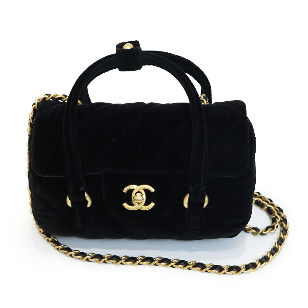 【未使用　展示品】シャネル CHANEL クロスボディバッグ ココマーク マトラッセ 2way チェーン ショルダー ハンドバッグ 斜め掛け ベルベット レザー ブラック ゴールド金具