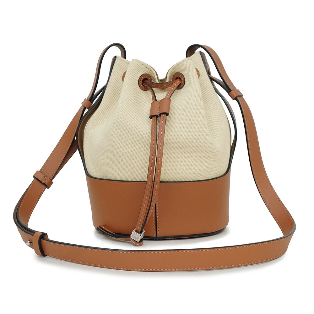 【未当て嵌める 見せびらかす品】ロエベ LOEWE Balloon 軽気球 スモール ショルダーバッグ ドローストリング 合切袋 曲がった掛け 帆布 カーフスキン なめし革 エクリュ タン 赤銅色 ベージュ しろがね色金具 A710C31X02