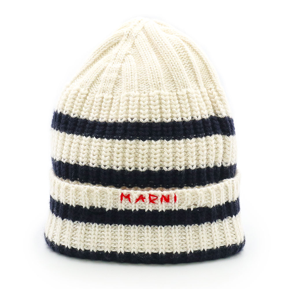 Marni マルニ Lサイズ　ロゴ ディテール リブ ビーニー ディープブルー リブビーニー、ハンドステッチロゴ入り | Marni