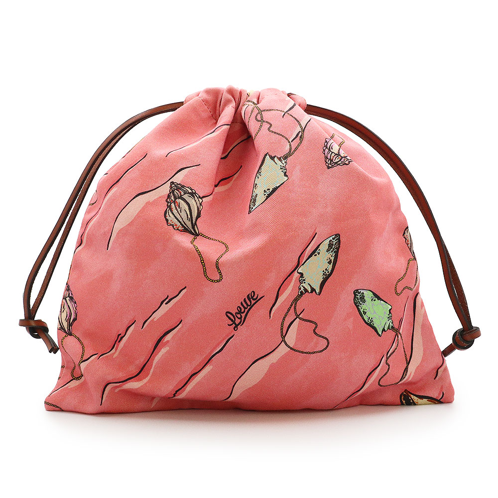 【未使用保管品】ロエベ LOEWE パラウズ イビザ シェル 貝殻 ドロー ストリング ポーチ 巾着 コットンキャンバス カーフスキン レザー ピンクチューリップ C822057X12