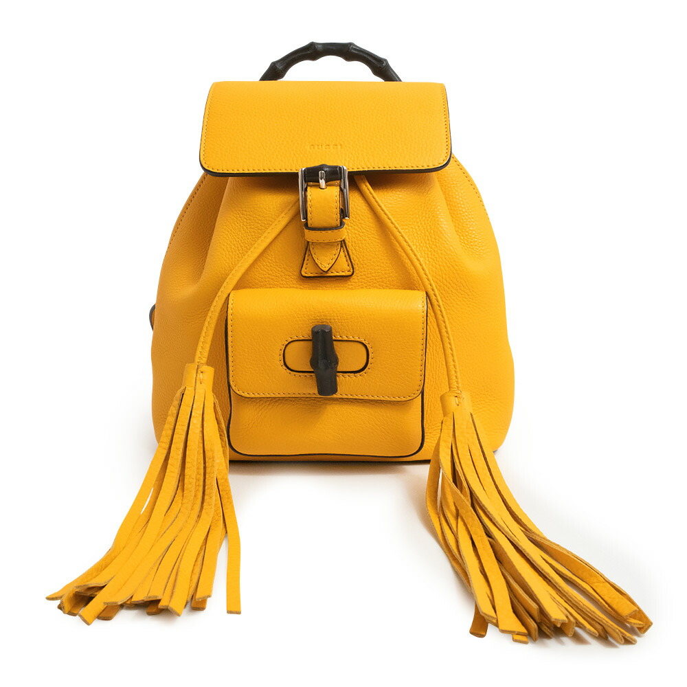 【美品】グッチ GUCCI バンブー フリンジ ミニリュック デイパック バックパック レザー バンブー イエロー シルバー金具 387149