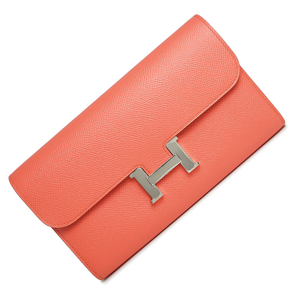 【新品・未当て嵌める品】エルメス HERMES コンスタンス ロング 二つ折り長金入れ ヴォーエプソン なめし革 フラミンゴ さくら色 しろがね色金具 □R目じるし 箱付