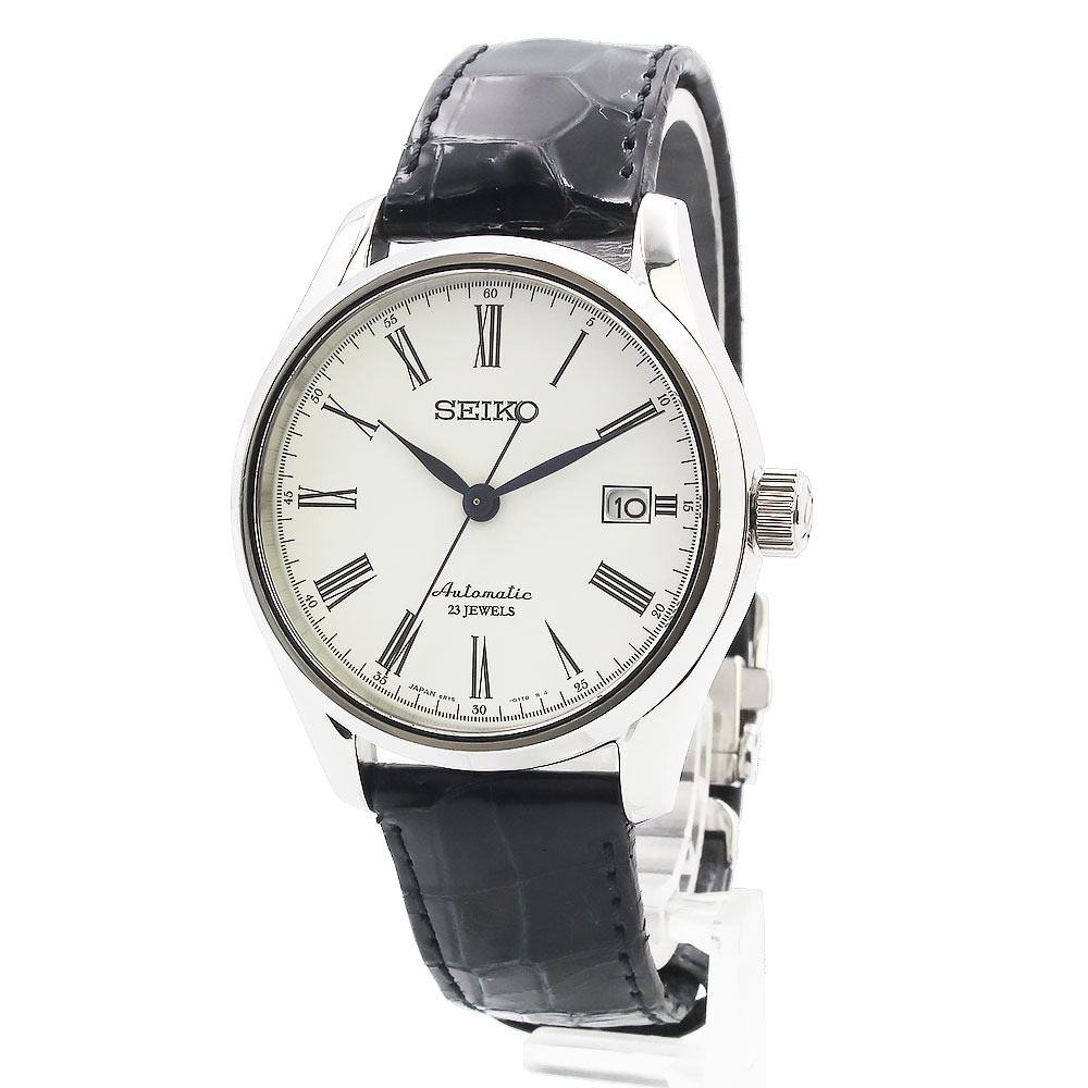 【中古】セイコー SEIKO プレサージュ 琺瑯ダイヤル メカニカル 自動巻き 腕時計 ステンレススチール クロコダイル ブラック シルバー SARX019 6R15-02P0