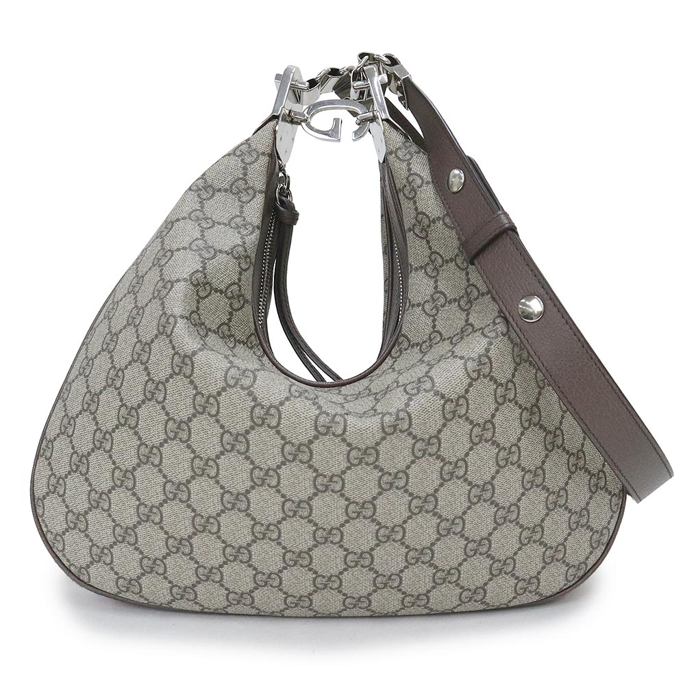 【未当て嵌める 見せびらかす品】グッチ GUCCI アタッシェ 並み並み ショルダーバッグ 曲がった掛け GGスプリームキャンバス なめし革 ベージュ 赤銅色 しろがね色金具 702823