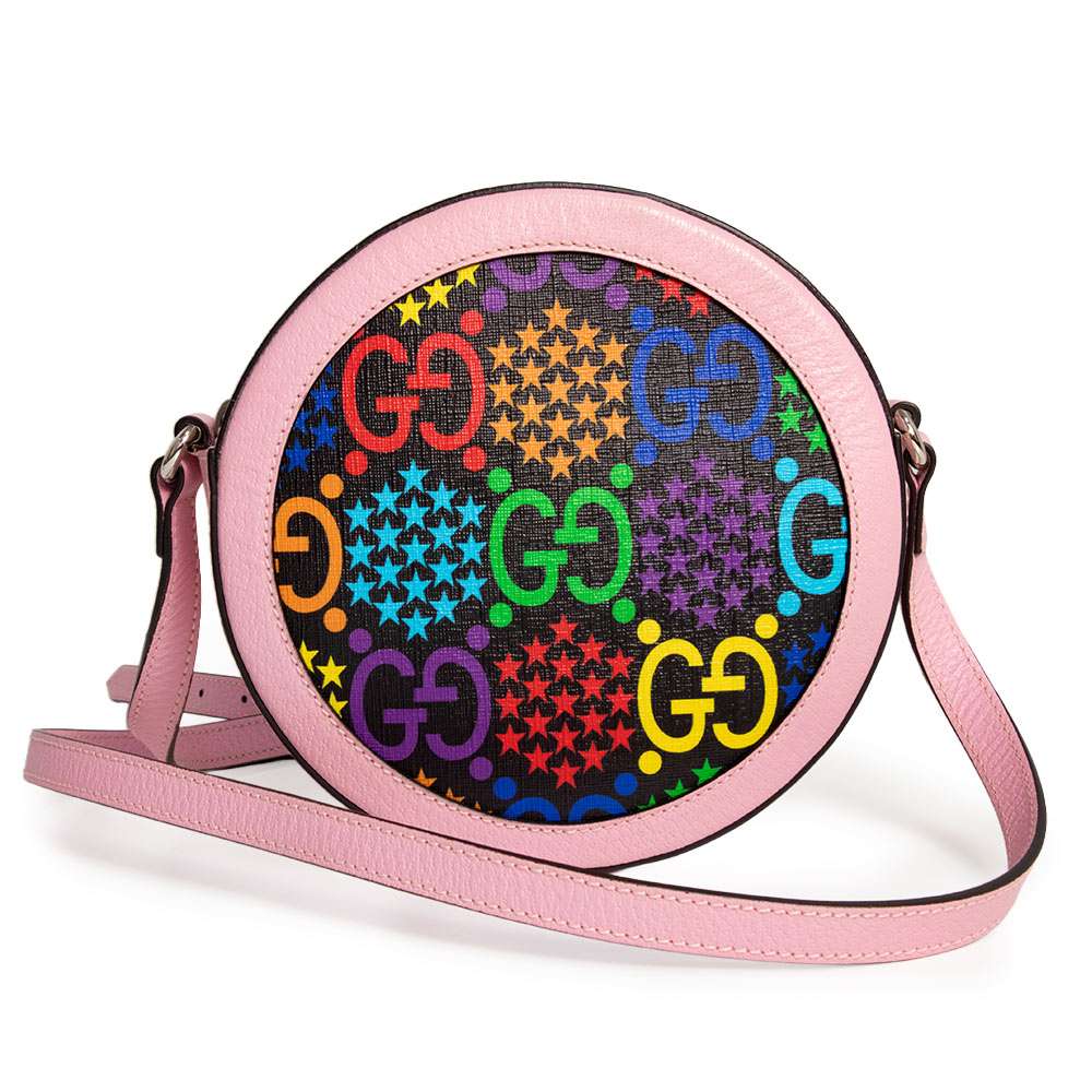 【新品・未当て嵌める品】グッチ GUCCI GGサイケデリック ラウンド ショルダーバッグ 曲がった掛け PVC上塗り帆布 なめし革 マルチ色つや サクラ色 ゴールド金具 603938 箱付