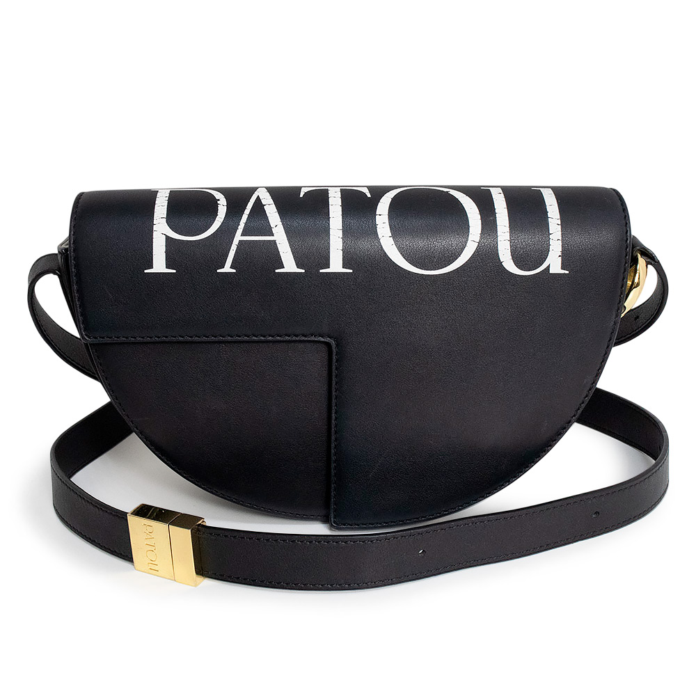 【中古】パトゥ PATOU ロゴプリント ショルダーバッグ 斜め掛け カーフスキン レザー ブラック ゴールド金具 BA0225000900B｜ブランドシティ　BrandCity