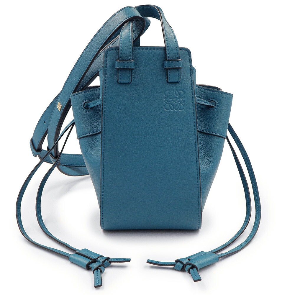 【新品・未使用品】ロエベ LOEWE ハンモック ドローストリング 2Way ミニ ショルダー ハンドバッグ 斜め掛け カーフスキン レザー ラグーン ブルー ゴールド金具 314.30.V07