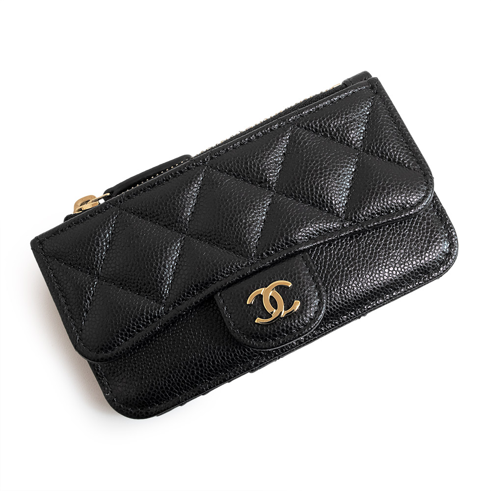 【未使用保管品】シャネル CHANEL マトラッセ クラシック ジップ コインケース 小銭入れ 財布 カードケース 名刺入れ 定期入れ パスケース キャビアスキン レザー ブラック ゴールド金具 AP2570
