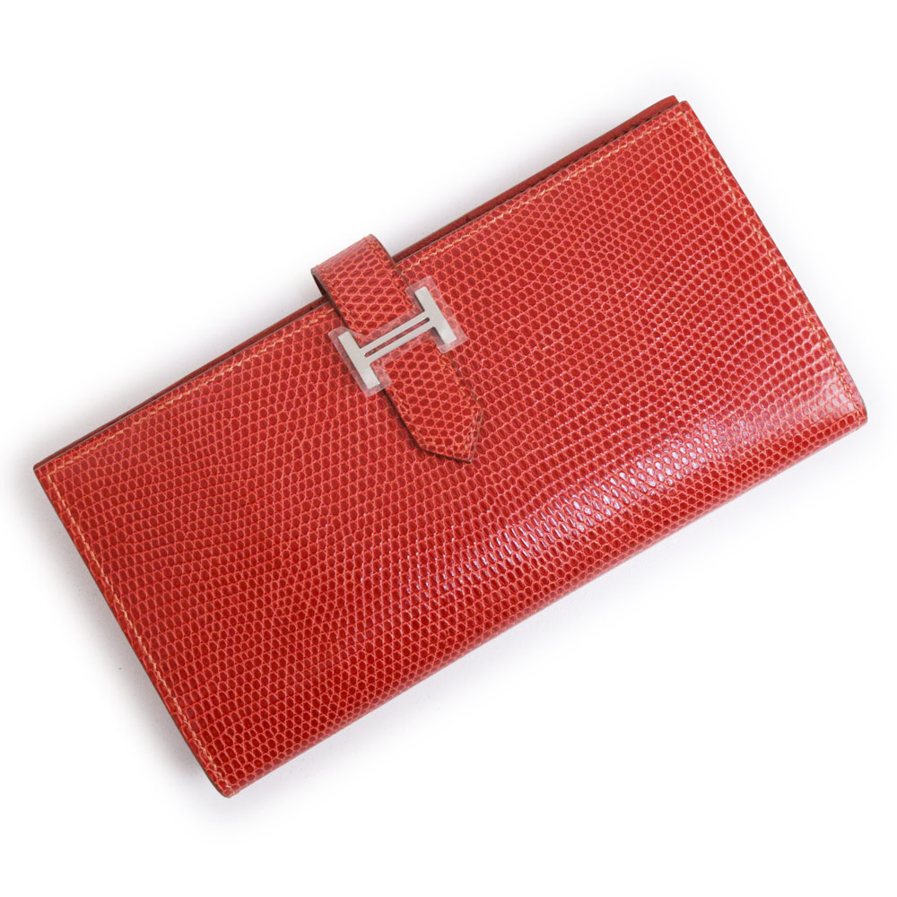 【未使用保管品】エルメス HERMES ベアン スフレ 二つ折り長財布 リザード エキゾチックレザー ヴァーミリオン レッド シルバー金具 □Q刻印 箱付
