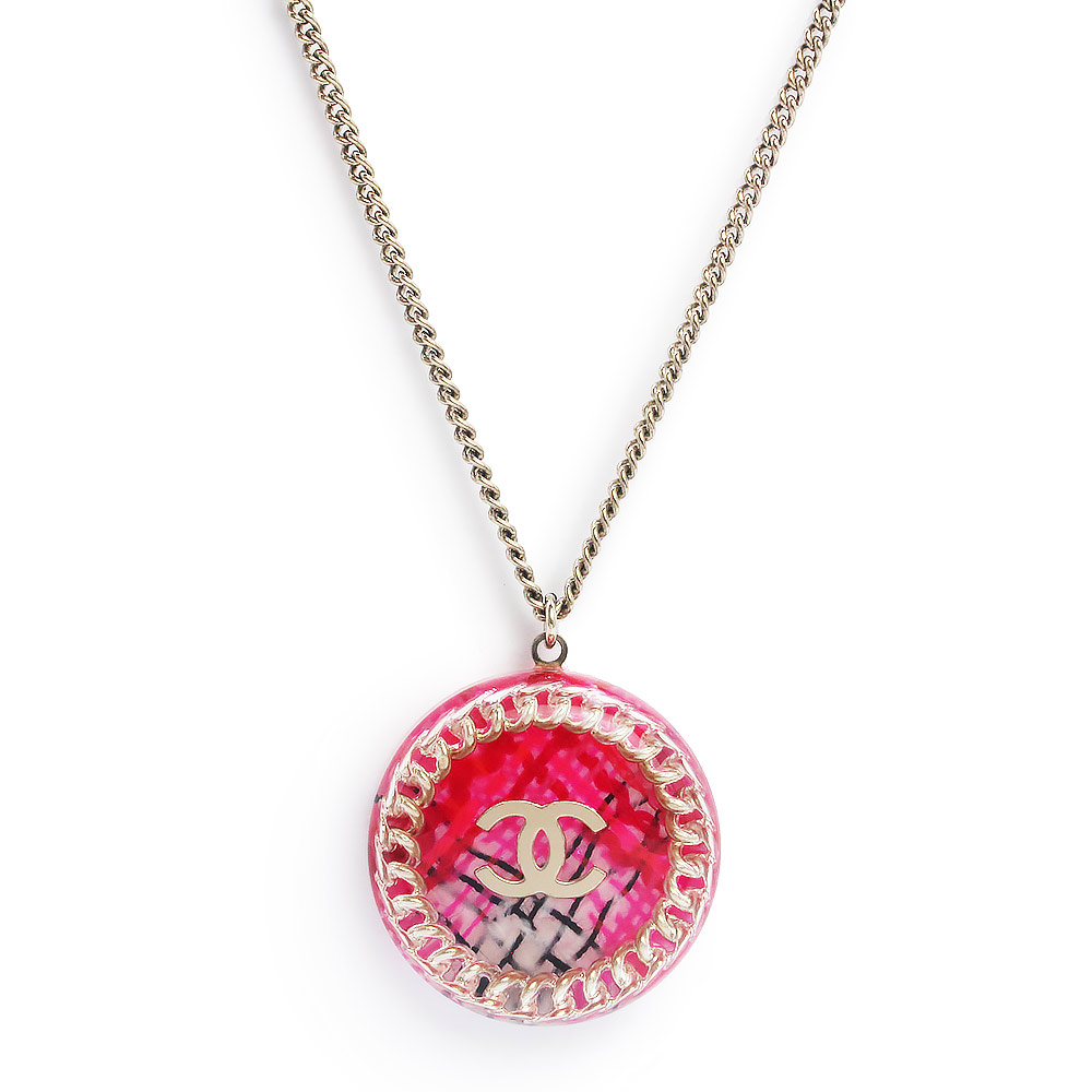 【中古】シャネル CHANEL ココマーク ツイード チェーン ラウンド ペンダント ネックレス レジン ピンク ゴールド A62830