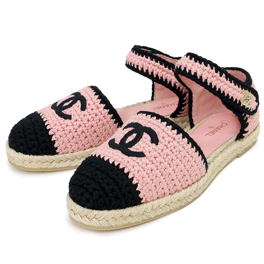 【未当て嵌める庫入れ品】シャネル CHANEL エスパドリーユ サンダル シューズ 靴 #39 26珊 編み物 なめし革 点火装置さくら色 黒いこと ゴールド金具 G38736 箱付