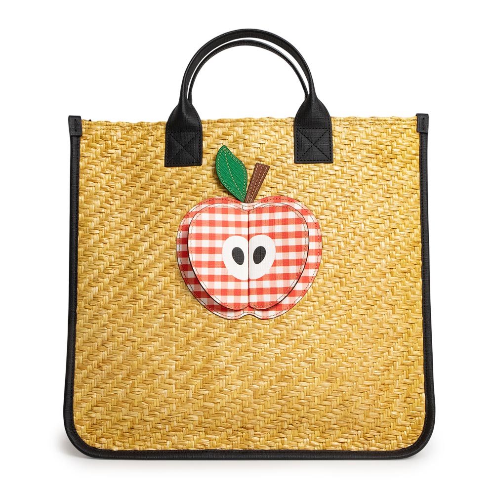 【未使用　展示品】グッチ GUCCI チルドレンズ トート 3D アップル ギンガムチェック ハンドバッグ ストロー レザー ベージュ レッド ブラック 648841