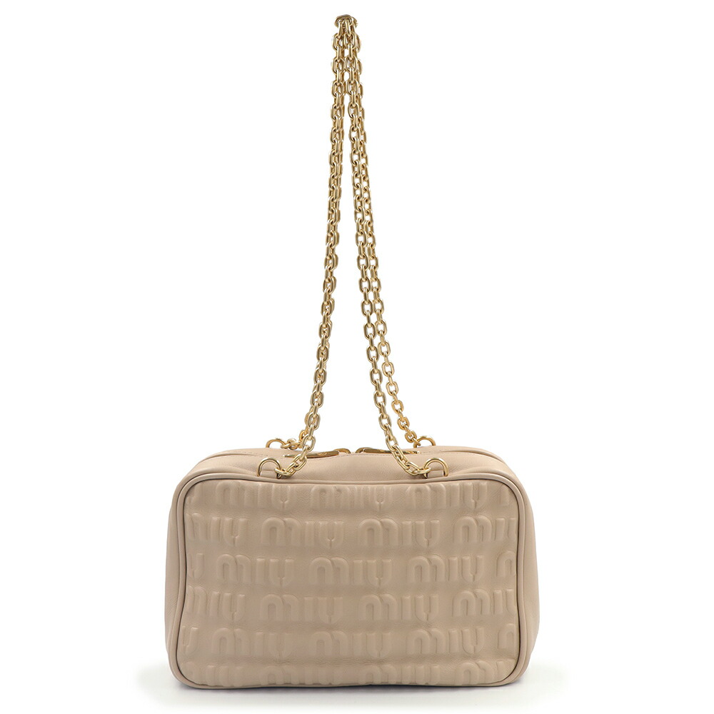 【未使用 展示品】ミュウミュウ miu miu エンボス ロゴ チェーン ショルダーバッグ レザー ベージュ ゴールド金具 5BB114