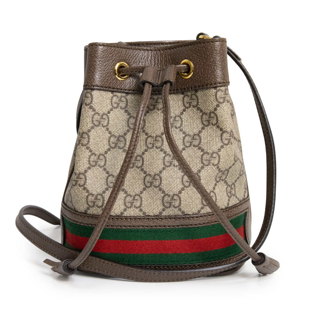 【未当て嵌める 見せびらかす品】グッチ GUCCI オフィディア ミニ 井戸釣瓶 ショルダーバッグ 曲がった掛け GGスプリームキャンバス なめし革 ベージュ エボニー 赤銅色 ゴールド金具 550620 箱付
