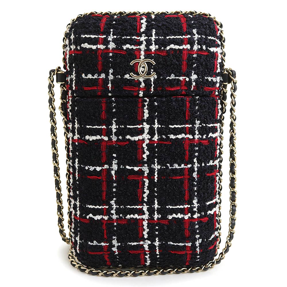 【未使用 展示品】シャネル CHANEL ココマーク フォンホルダー スマートフォン スマホ 携帯 ケース ポーチ チェーン ショルダーバッグ 斜め掛け ツイード レザー ネイビー ゴールド金具 A94471