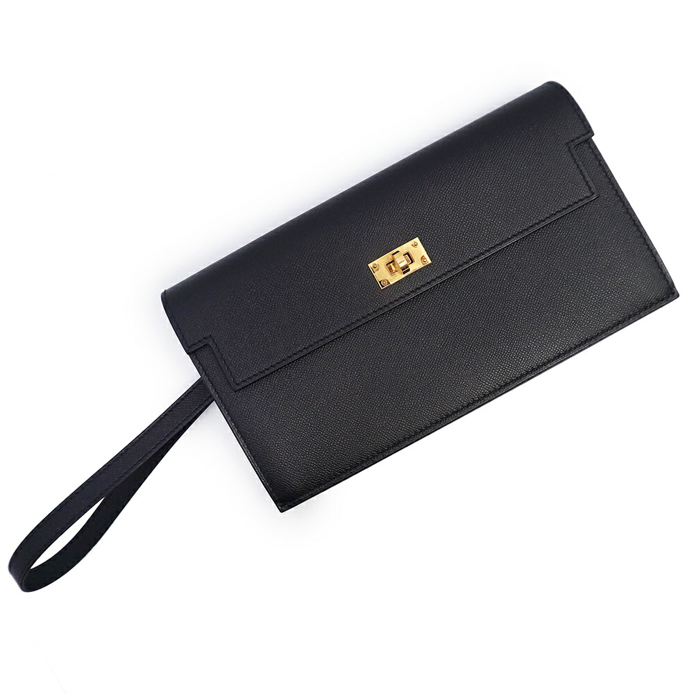 【新品・未当て嵌める品】エルメス HERMES ケリー 隠し ロング 二つ折り長金入れ ヴォーマダム なめし革 ノワール 黒いこと ゴールド金具 W目じるし 箱付