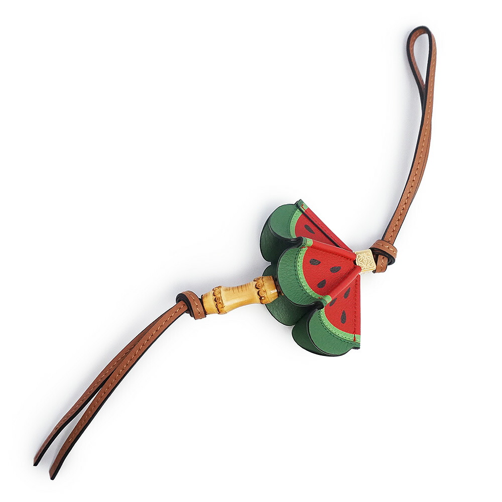 【新品・未使用品】ロエベ LOEWE アンブレラ ウォーターメロン スイカ フルーツ バッグチャーム カーフスキン レザー ブラウン レッド グリーン ゴールド金具 C621232XAG 箱付 23,100円