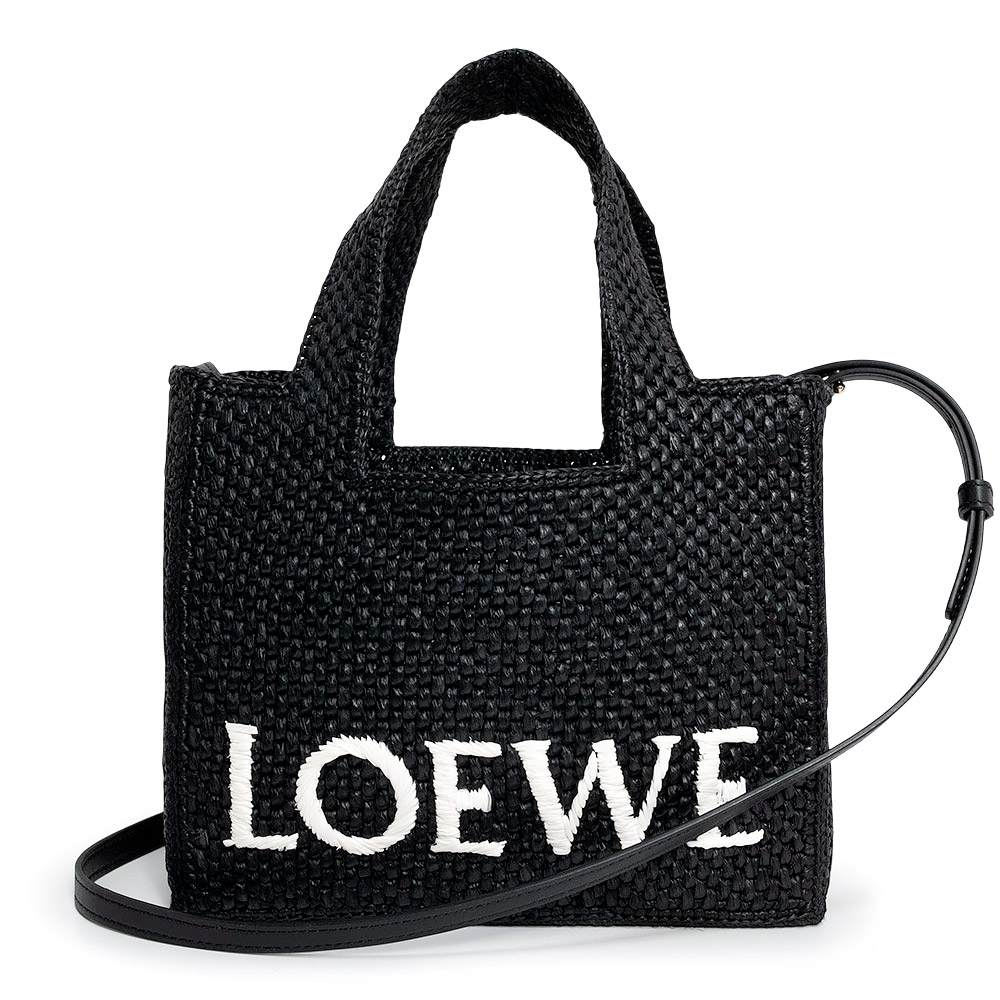 【未使用　展示品】LOEWE ロエベ A685B59X01 フォント トート スモール 2Way ショルダー ハンドバッグ 斜め掛け ラフィア レザー ブラック ホワイト ゴールド金具