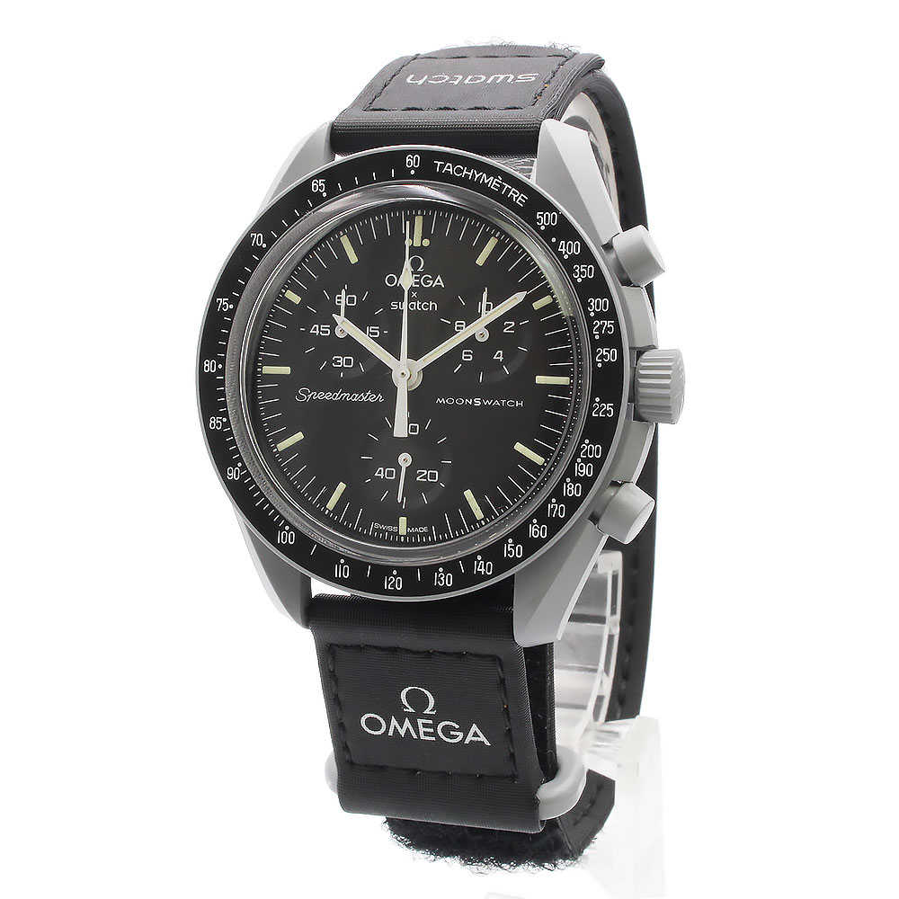 【美品】OMEGA オメガ Swatch スウォッチ SO33M100 ミッション トゥ ザ ムーン MISSION TO THE MOON スピードマスター ムーンスウォッチ クロノグラフ クォーツ 腕時計 ナイロン バイオセラミック ブラック グレー 箱付