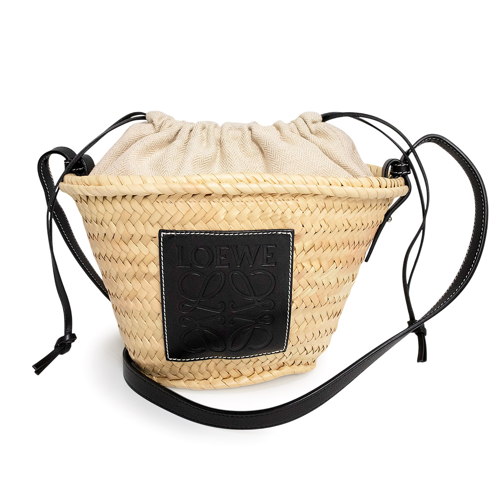 【未使用　展示品】LOEWE ロエベ A223222X01 ドローストリング バケット かご ショルダーバッグ 斜め掛け パームリーフ ヤシの葉 カーフスキン レザー ナチュラル ベージュ ブラック シルバー金具