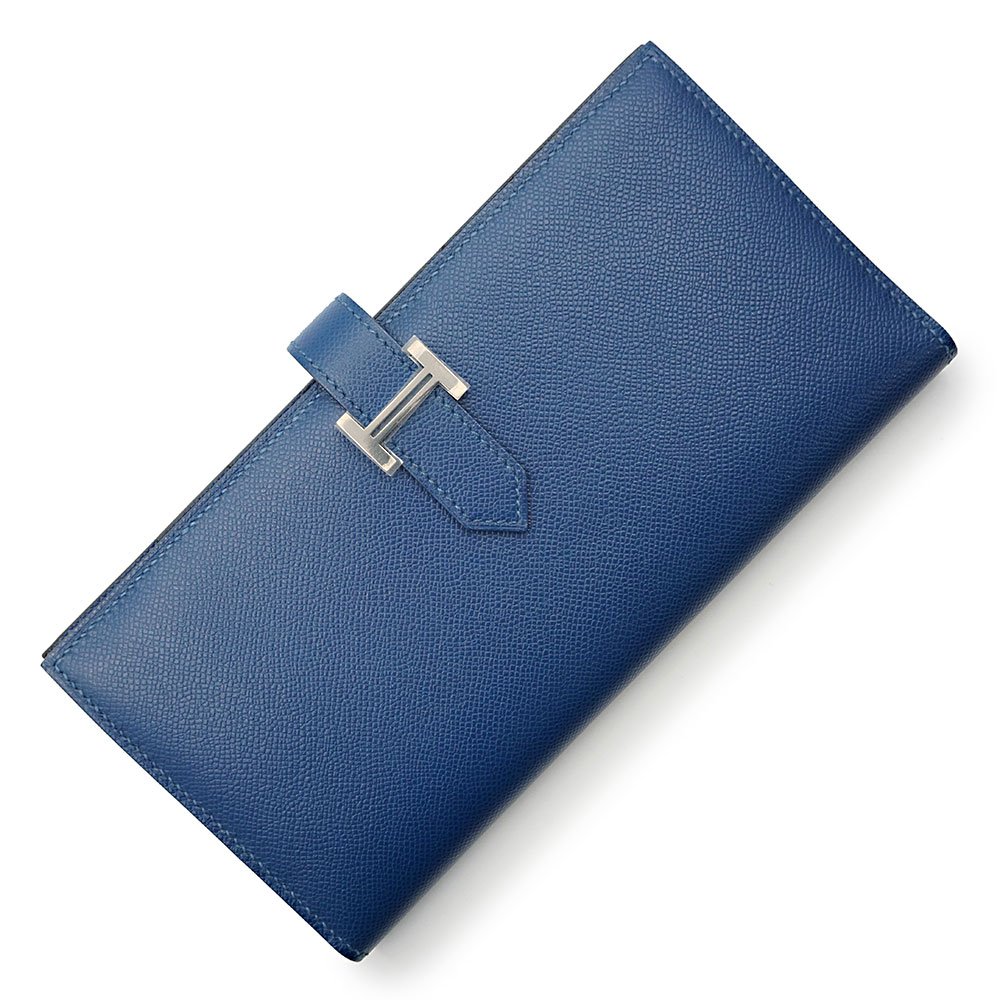 【新品・未当て嵌める品】HERMES エルメス ベアン スフレ ヴォーマダム ディープブルー W目じるし 二つ折り長金入れ なめし革 しろがね色金具 箱付