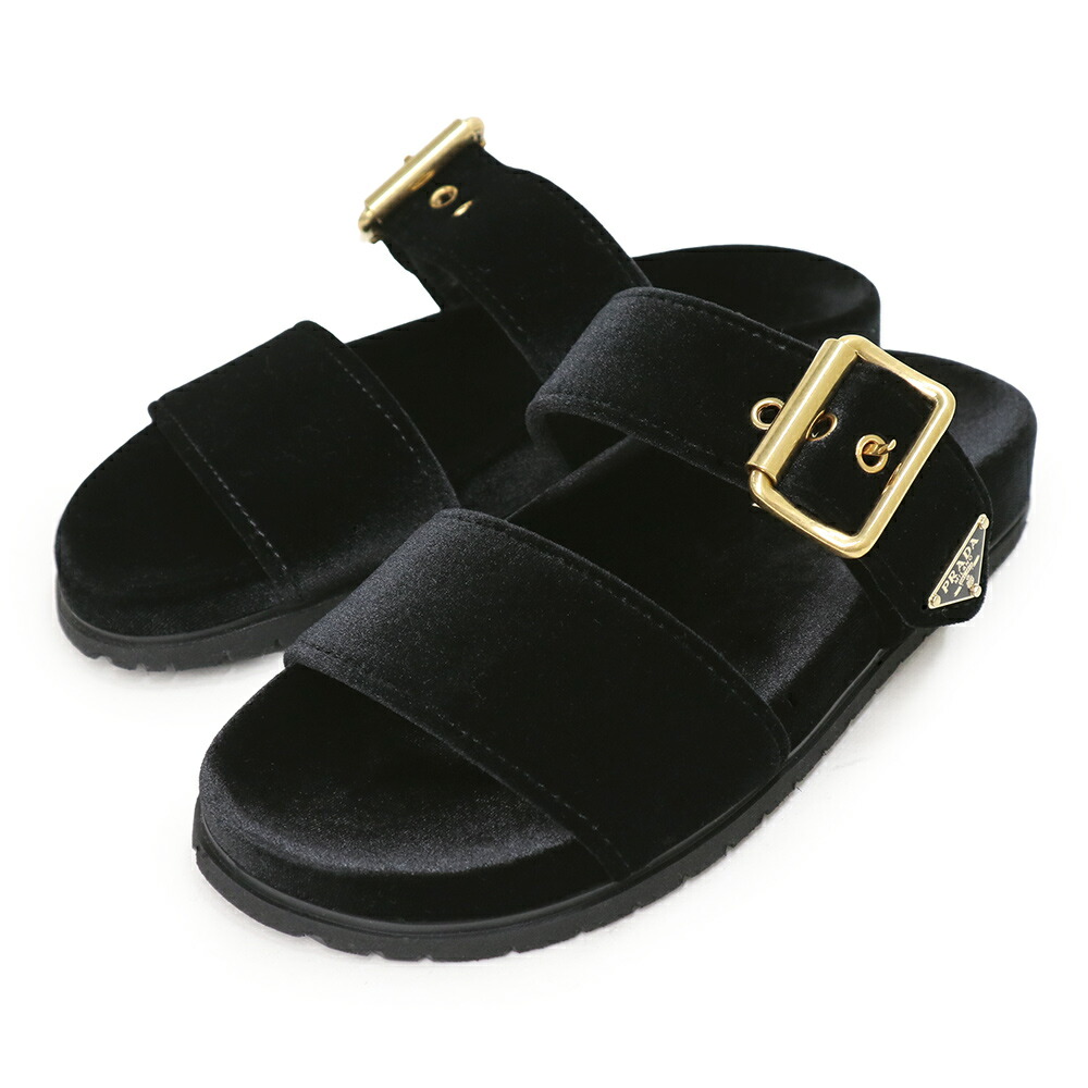 【新品・未当て嵌める品】PRADA プラダ 1XX715 横すべりサンダル 天鵝絨 黒いこと サンダル 靴 ３角形 ロゴタイプ #35 22珊 アンティークゴールド金具 箱付